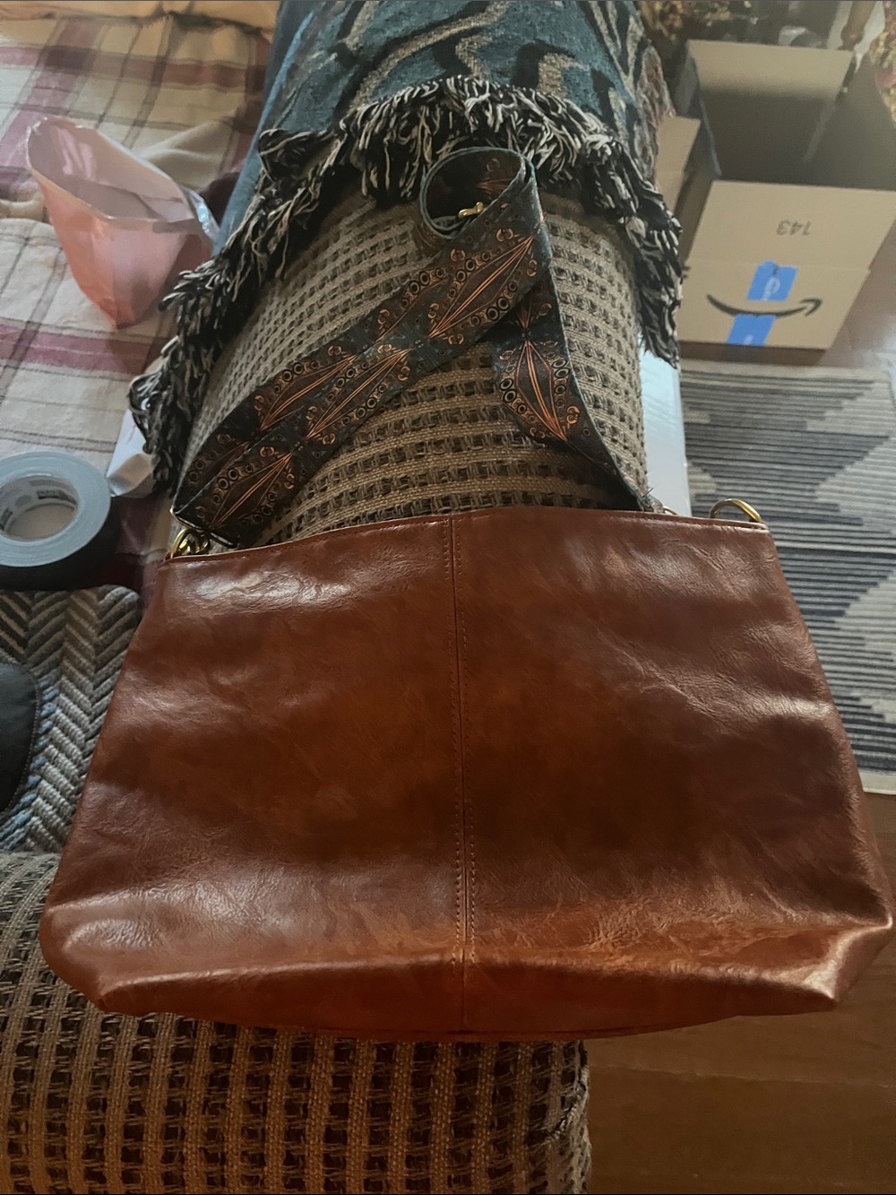 Leather Shoulder Bag in Brown with Patterned Strap